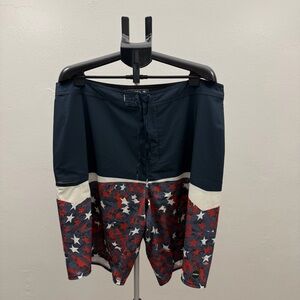 O’Neill Hyperfreak Board Shorts Men 44 Navy Patriotic USA Flag Stretch Surf Swim